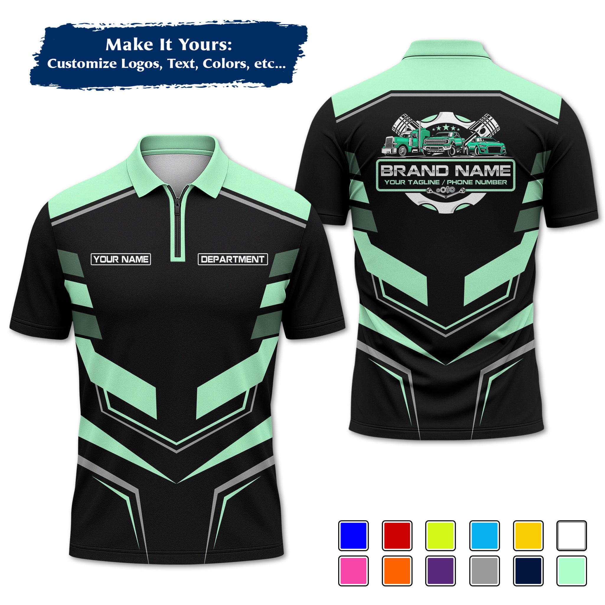 Custom Auto Mechanic Polo Uniform, Garage Logo, Tech Name & Phone MCNPL05