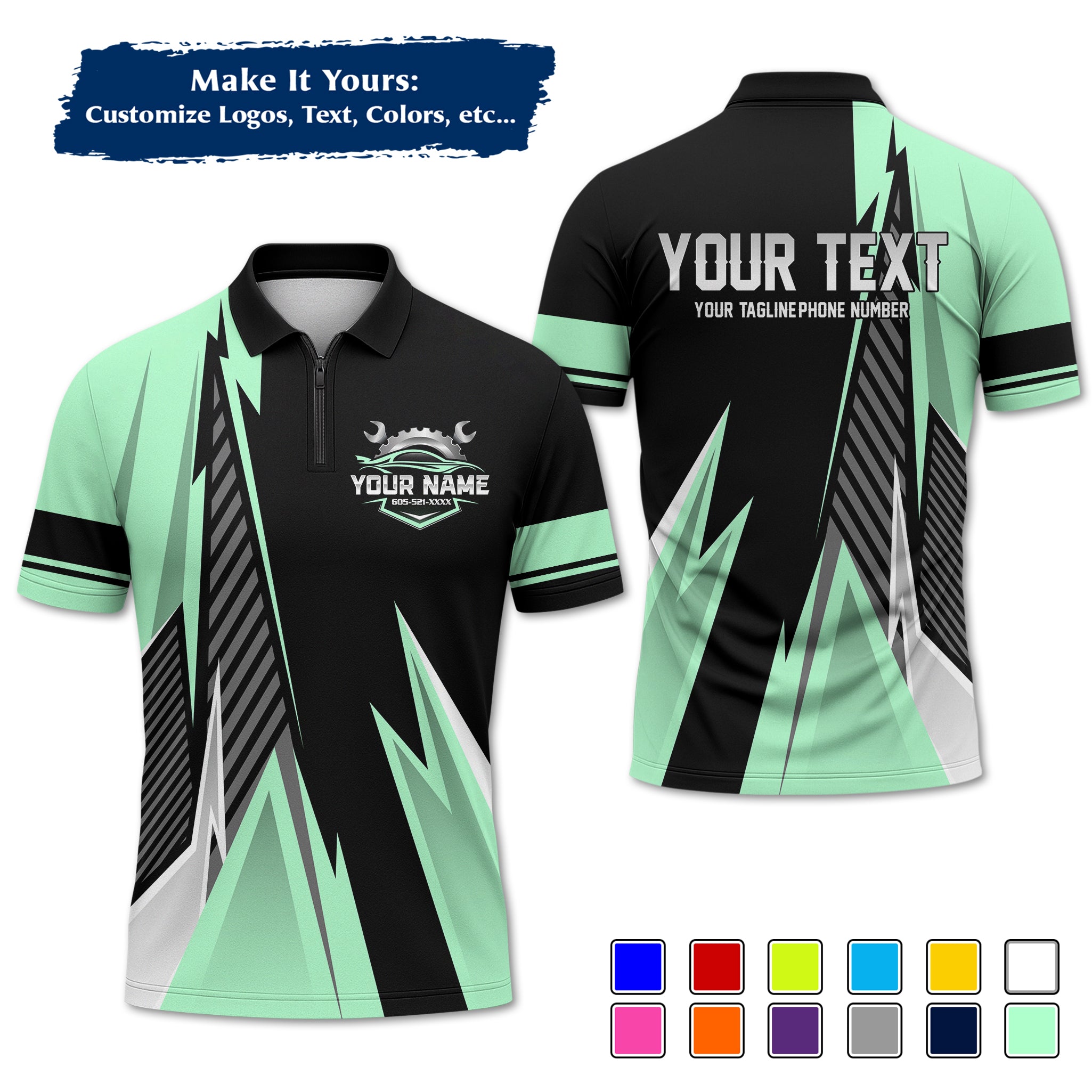 Custom Auto Mechanic Polo Uniform, Garage Logo, Tech Name & Phone MCNPL02