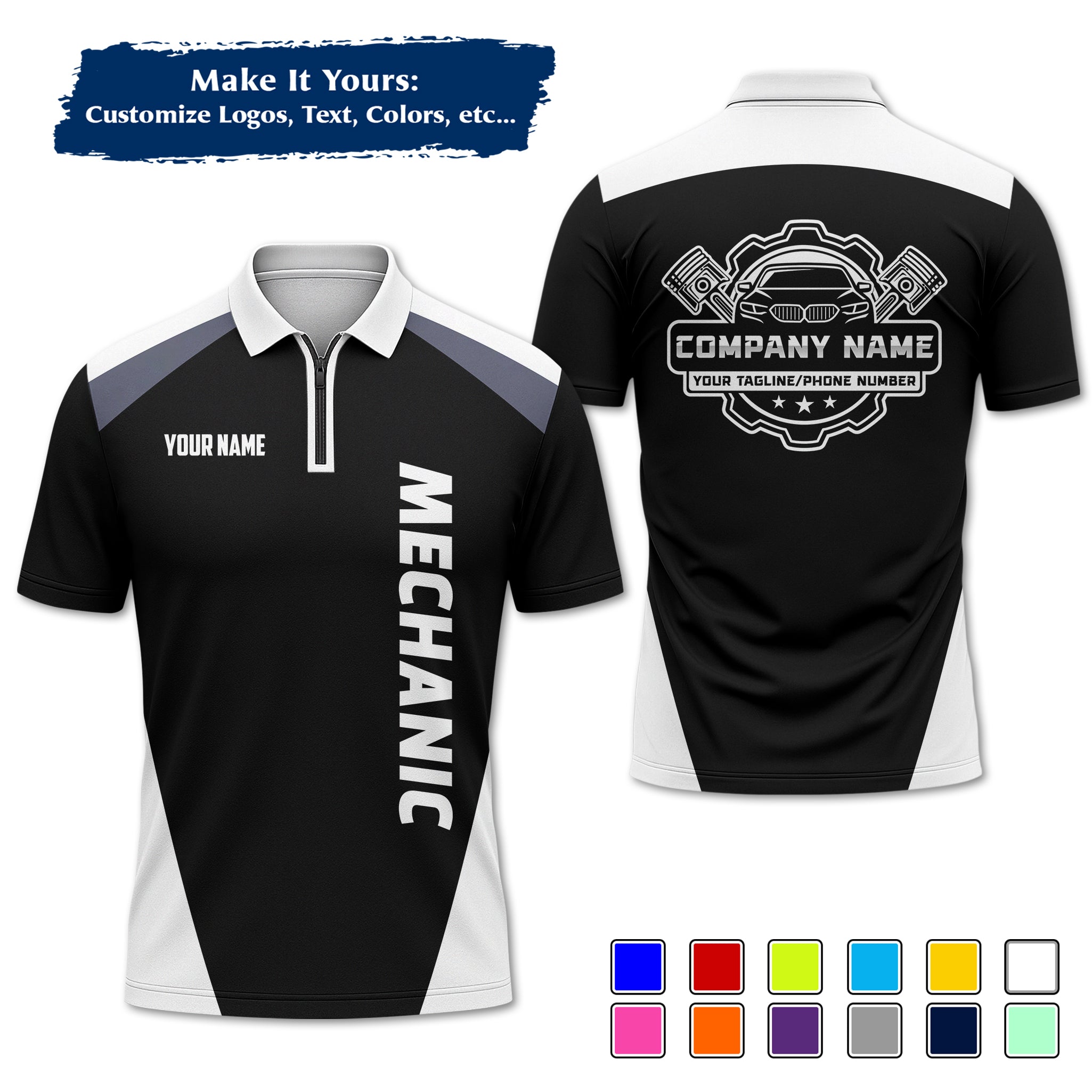 Custom Auto Mechanic Polo Uniform, Garage Logo, Tech Name & Phone MCNPL03