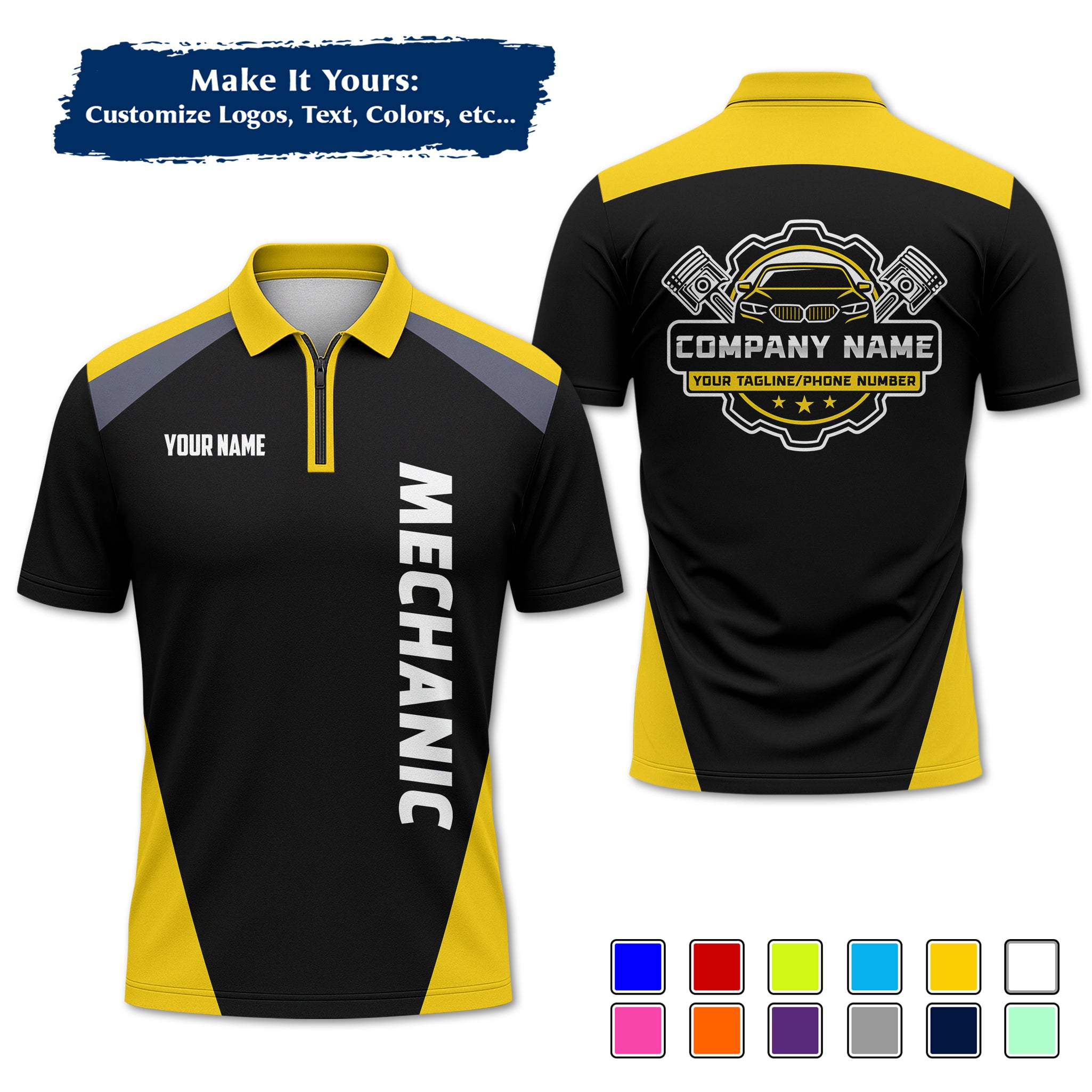 Custom Auto Mechanic Polo Uniform, Garage Logo, Tech Name & Phone MCNPL03